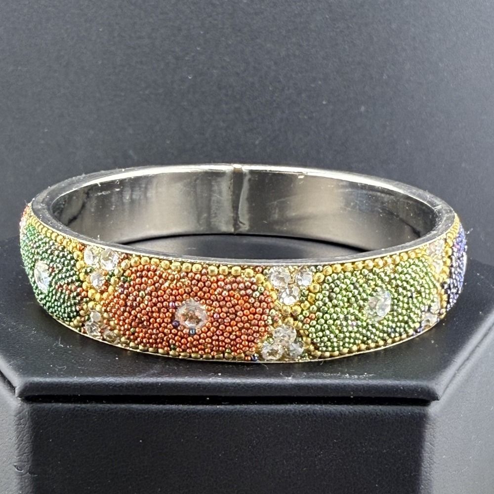 Vintage Estate Bangle Bracelet Silver Tone Rhinestone Flower Multi-color 7.5"